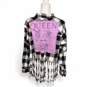 UPCYCLED BLACK WHITE PLAID CROP FRINGE FLANNEL QUEEN BAND PURPLE SHIRT LADIES XL